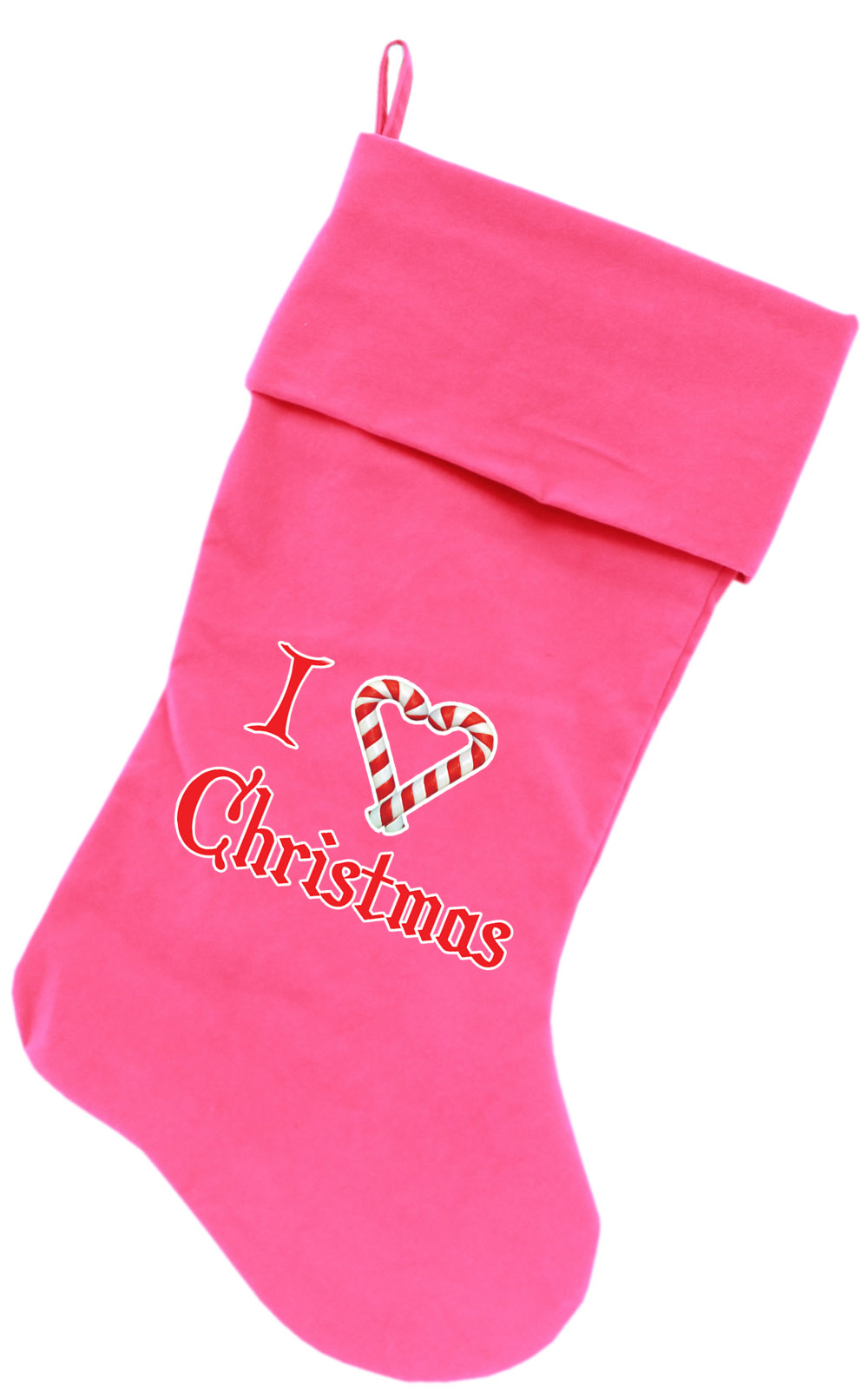 I Heart Christmas Screen Print 18 inch Velvet Christmas Stocking Pink